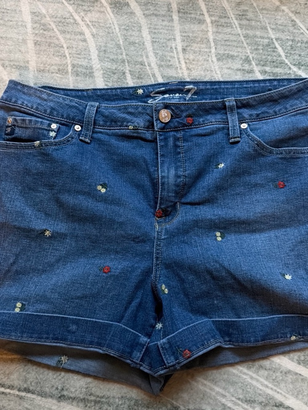 Seven7 Dark Blue Denim Shorts with Floral Embroidery
